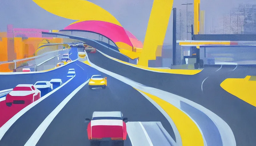 Image similar to a geometric, colourful, painting of a car driving down a highway