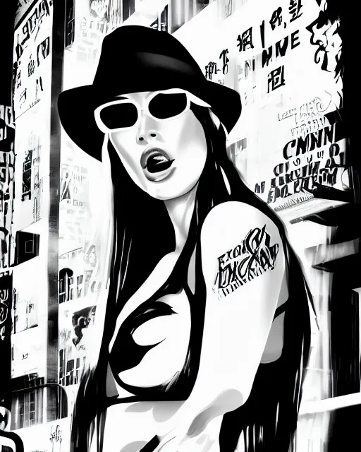 Prompt: dream of a film still from sin city, closeup portrait of film noir angry megan fox private detective wearing a hat and sunglasses, china town, glamour pose, detailed illustration, digital art, trending on artstation, patrick nagel, graffiti, gta v,