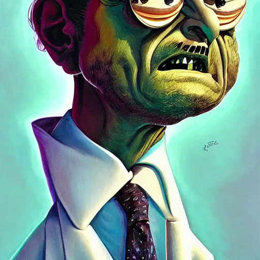 Image similar to mr. bean mad scientist psychopath, conjuring up mysterious colorful potions, portrait by gaston bussierre and charles vess and james jean and erik jones and rhads, inspired by rick and morty, epic, funny, huge scale, beautiful fine face features, intricate high details, sharp, ultradetailed
