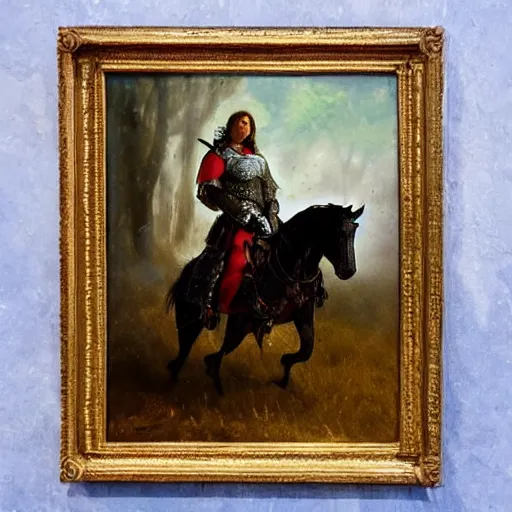 Image similar to seselj wearing shining knight's armor and riding a horse through a dark forest, highly detailed, oil painting