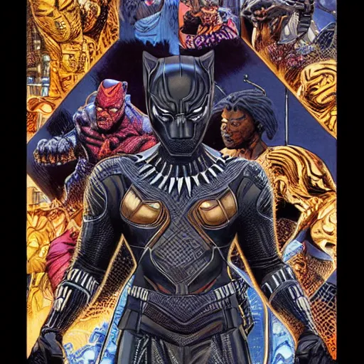 Image similar to portrait of crazy marvel black panther, symmetrical, by yoichi hatakenaka, masamune shirow, josan gonzales and dan mumford, ayami kojima, takato yamamoto, barclay shaw, karol bak, yukito kishiro