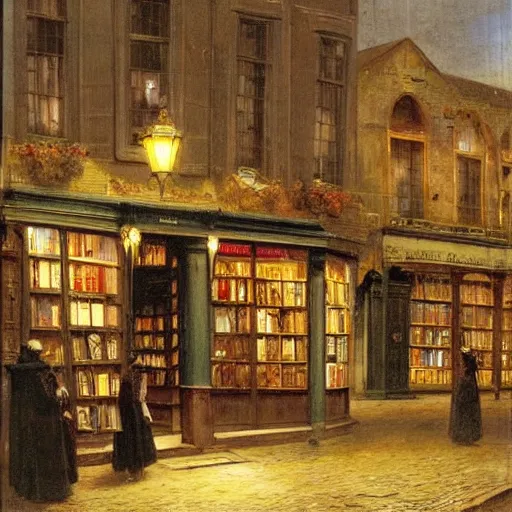 Prompt: Cornelis Springer and Richard Schmid and Willem Koekkoek victorian genre painting painting of an english 19th century english bookshop store front on a stone city streat with shops and stores at night with cozy lights