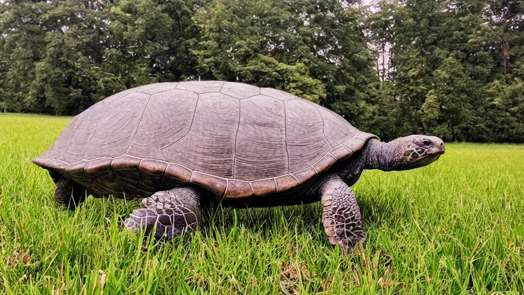 Image similar to Giant turtle with a city on it's back, walking through an open field, forest visible in the background