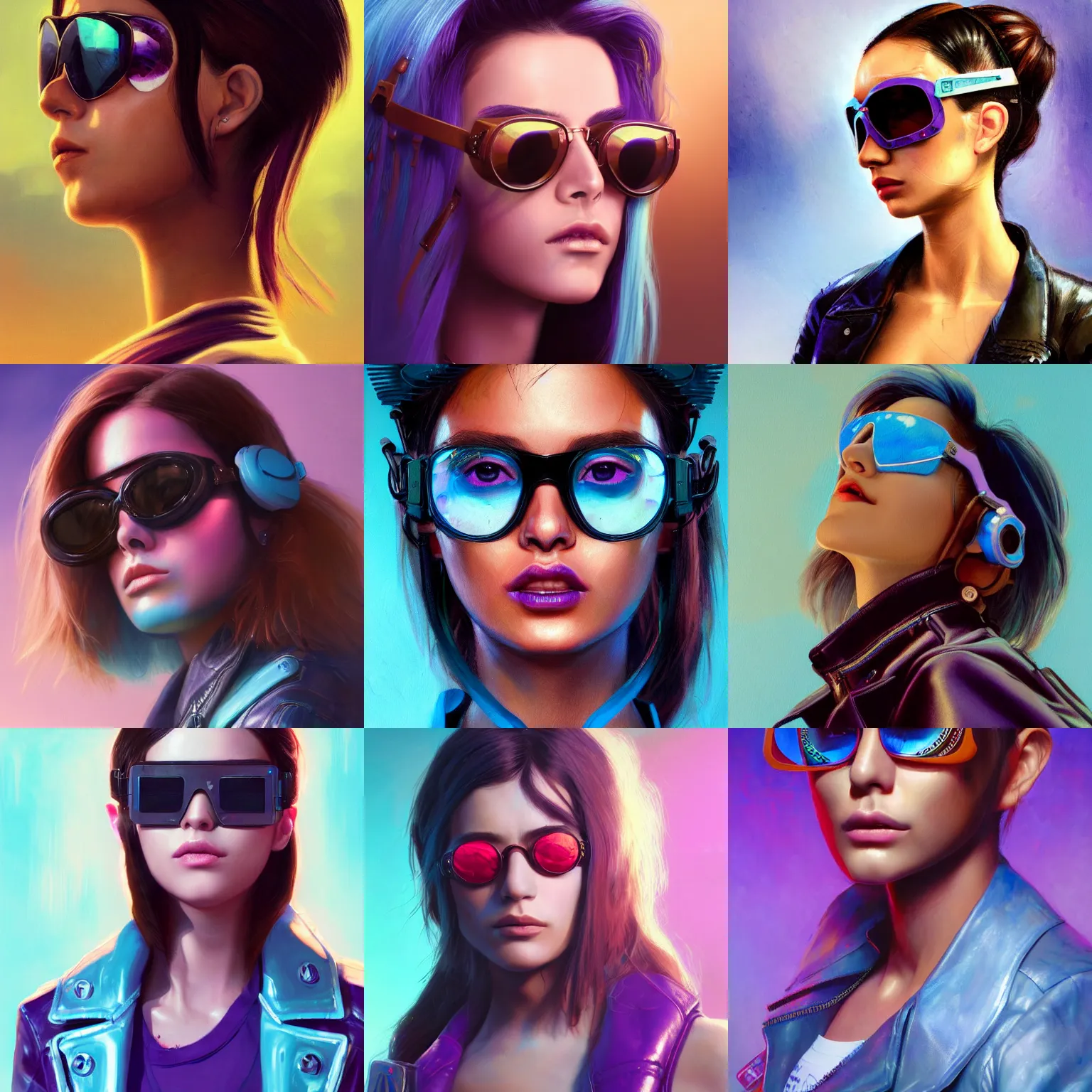 Prompt: very detailed masterpiece closeup painting of a very beautiful young mexican cyberpunk woman with light blue shutter shades, one side haircut, long brown hair with light blue ends, purple leather jacket, beauty mark on cheek, portrait, synthwave background, artstation, concept art by greg rutkowski