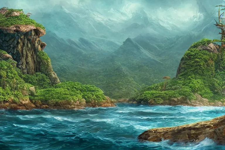 Prompt: an island from afar with forests and a mountain in open ocean, art by john avon, artstation, highly detailed, magic the gathering art