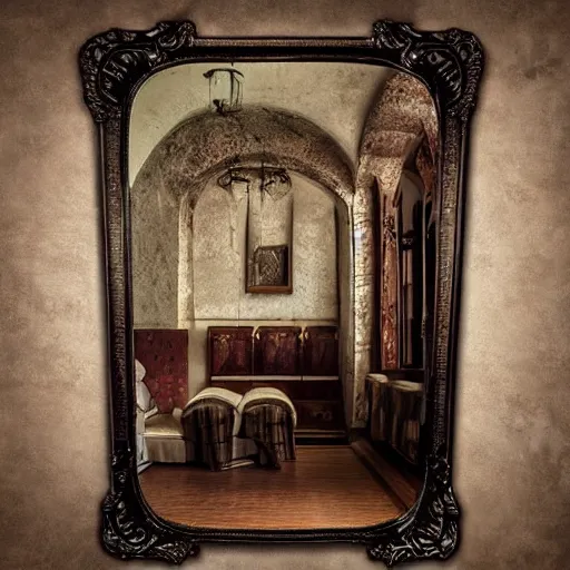 Image similar to castle interior with a mirror in the shape of an antique silver tray floating and shooting purple magic, digital art