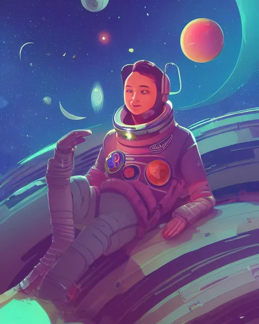 Image similar to wide shoot portrait of ethereal cosmonaut lie relaxed on a crescent moon between the stars and the planets in outer space, cosmonaut post grunge concept art,high detail,4k, trending on artstation by josan gonzalez, wlop and tyler edlin