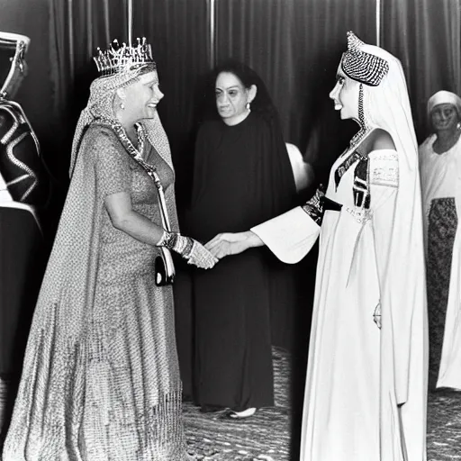 Image similar to detailed black and white photo of queen elizabeth ii meeting cleopatra in egypt