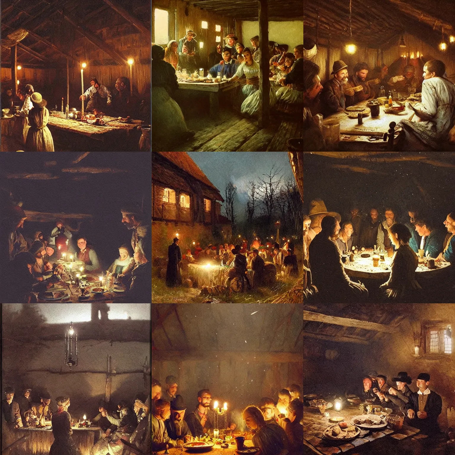 Prompt: 1 8 8 7, a hungarian peasant wedding at night. atmospheric, hyperrealistic, detailed, hd, cinematic lights, oil canvas by greg rutkowski, j. dickenson, meszoly geza, marc simonetti, mednyanszky laszlo, szekely bertalan and lotz karoly, trending on pinterest. com