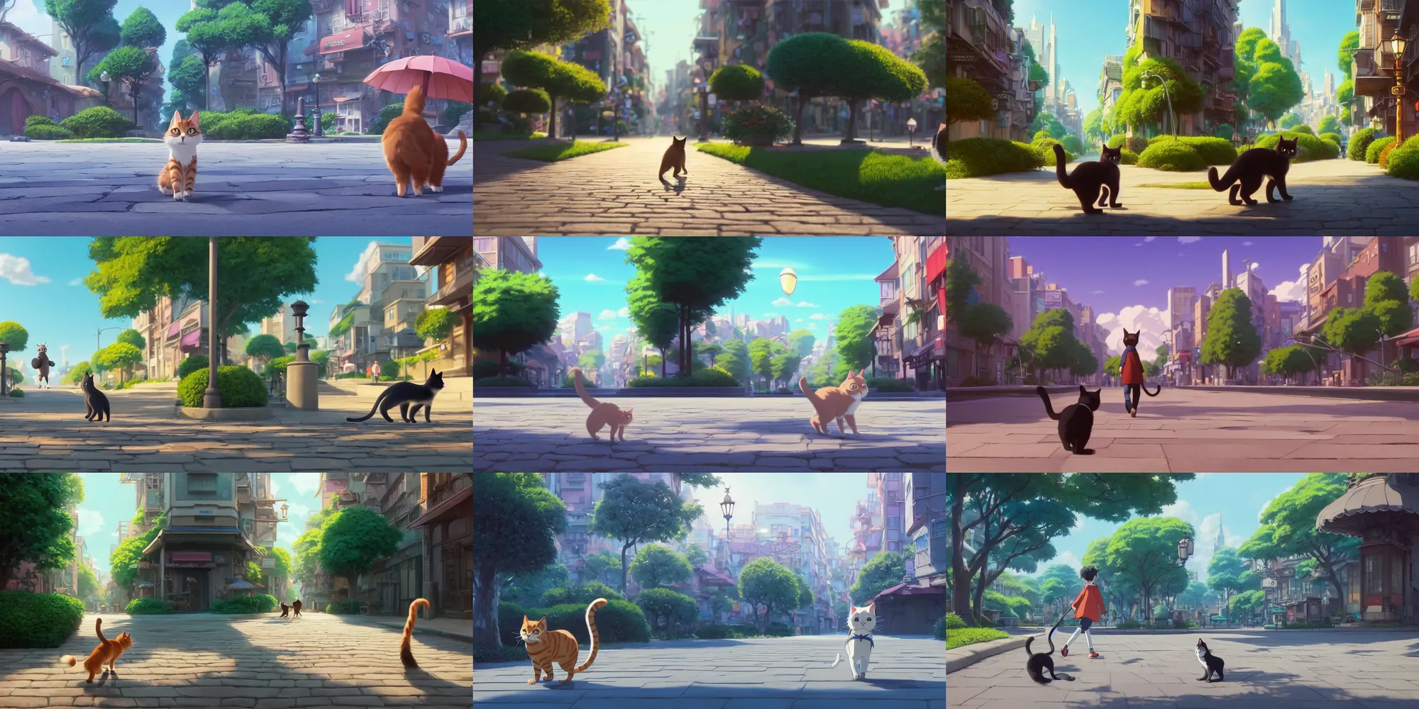 Prompt: a wholesome animation key shot of a cat taking a leisure stroll through the city, close up, studio ghibli, pixar and disney animation, sharp, rendered in unreal engine 5, clear sky, anime key art by greg rutkowski, bloom, dramatic lighting
