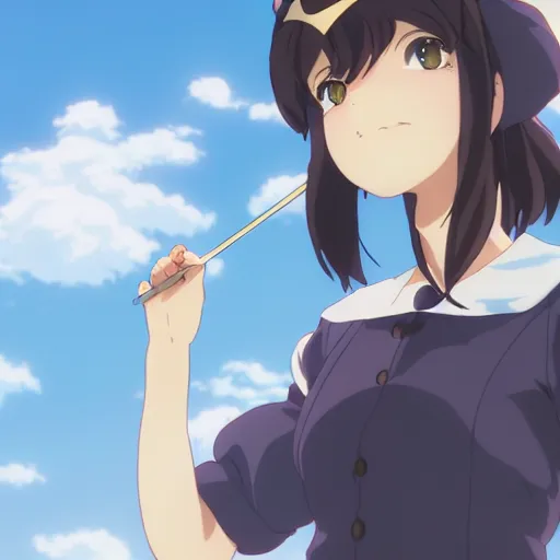 Image similar to a female maid girl winking, makoto shinkai, ghibli, wlop, highly detailed, studio portrait, anime key visual,