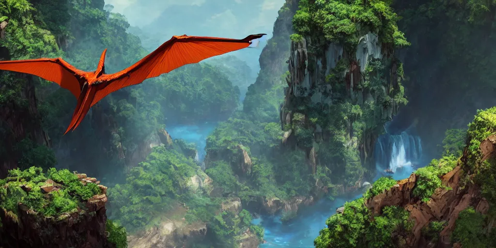 Prompt: wide angle view of swooping ((orange red cerulean indigo)) pterodactyl, over a deep canyon, mountainous jungle setting, trees, waterfall, river, rocks, dramatic lighting, highly detailed, artstation, unreal engine, matte painting in the style of craig mullins, Uncharted 4, fish eye lens, 8k HDR