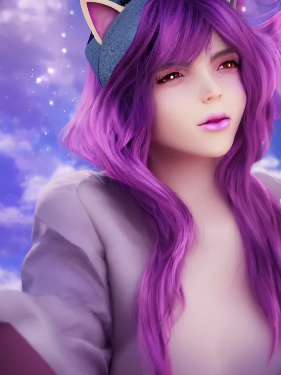 Image similar to A young adult with purple hair and cat ears floating on a cloud ultra realistic , lens flare, atmosphere, glow, detailed, intricate, full of colour, cinematic lighting, trending on artstation, 4k, hyperrealistic, focused, extreme details, unreal engine 5, cinematic, masterpiece