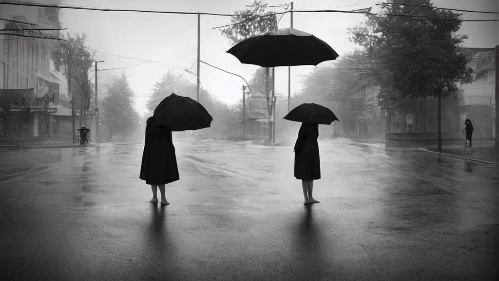 Image similar to “ a woman waiting on the corner holding an umbrella, photography by gregory crewdson ”