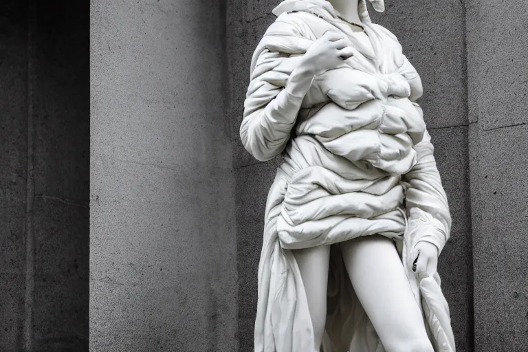 Image similar to well lit fashion shoot portrait of extremely beautiful female marble statue wearing huge over size puffer jacket by dingyun zhang, yeezy, balenciaga, vetements, a cold wall, sharp focus, clear, detailed,, cinematic, detailed, off white, glamourous, symmetrical, vogue, editorial, fashion, magazine shoot, glossy