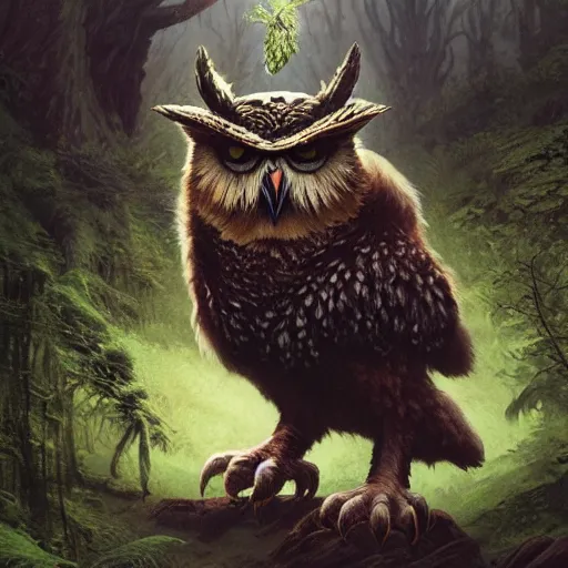 Image similar to three quarter portrait of an owlbear in the forest, d & d, fantasy, greg rutkowski, frank frazetta, alexandre chaudret, boris vallejo, michael whelan, miro petrov, hr giger, magali villeneuve, donato giancola