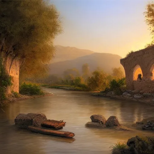 Prompt: High-Quality realist painting of a river crossing a traditional Syrian village in a valley at dawn, peaceful, very detailed, digital art.