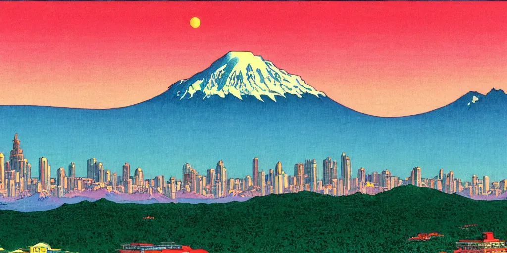 Prompt: skyline of a large metropolis, mount rainier looming in the background, acid and dreaming psychedelic hallucinations, by kawase hasui, moebius and edward hopper, hd, 8 k, artstation, sharp focus, smooth, masterpiece