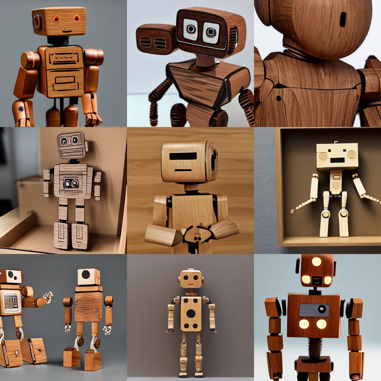 Prompt: meticulously detailed wooden figure of a self - aware robot