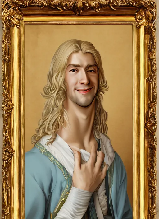 Image similar to portrait of a smiling blond handsome man with long hair in baroque art, anime inspired, High Res 8K,hyperdetailed