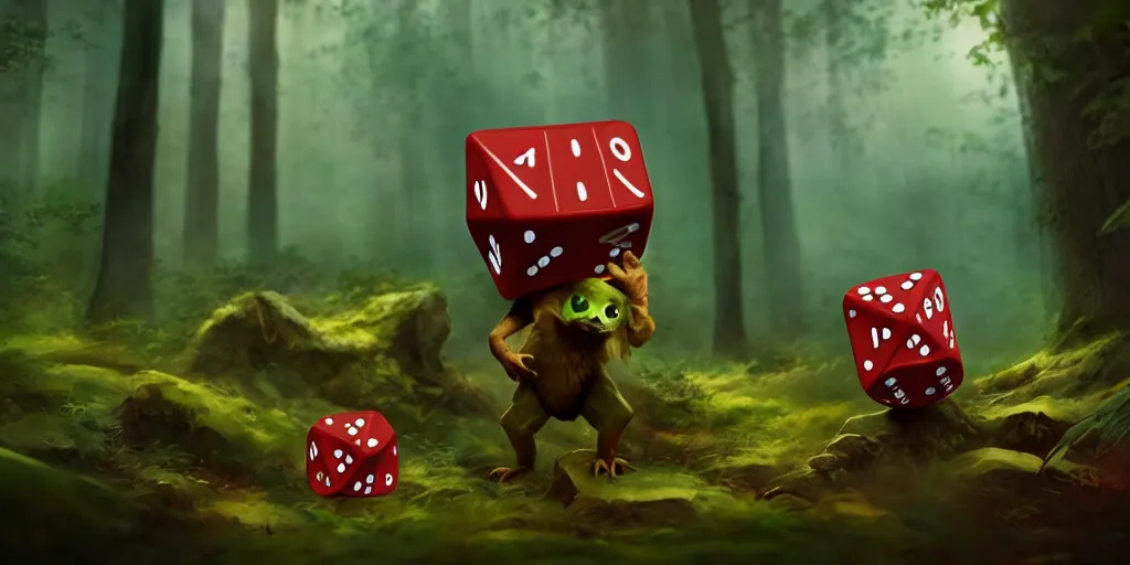 Prompt: anthropomorphic - cube - dice, lurking in the forest, cube - dice with little arms and legs, glowing energy, fantasy magic, by willian murai and jason chan and marco bucci, hyper detailed and realistic, illustration, sharp focus, cinematic, rule of thirds, forestpunk