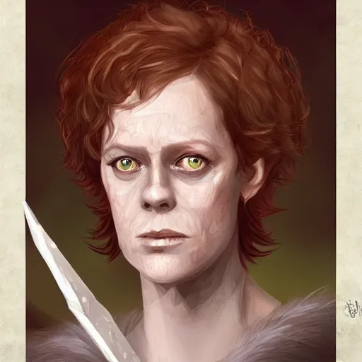 Prompt: young sigourney weaver as a d & d ice warlock, character portrait by wlop