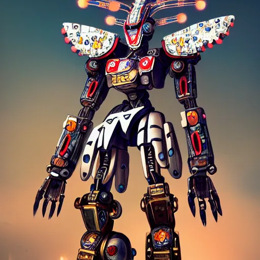 Image similar to spirit shaman power suit mecha. mobile combat suit artillery rococo robot, evangelion, droids, zoids, cyberpunk mechanoid, hyperdetailed illustration by irakli nadar, alexandre ferra, faberge, coral headdress, radiant light, detailed and intricate environment