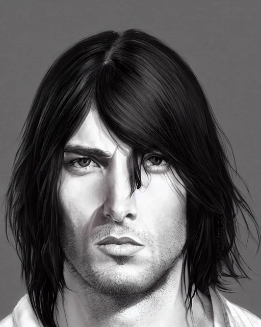 Image similar to portrait of tall, 3 3 - year - old handsome man with long dirty black hair, and grey eyes, wearing black clothes, clear face, hyper realistic face, beautiful eyes, character art, art by mark brooks, hyperdetailed, cryengine, trending on artstation, digital art