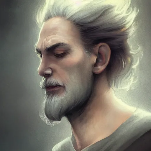 Image similar to epic portrait a beautiful man wearing a white blouse with short sleeves, Long gray hair, scars, beard, cool, digital painting, artstation, concept art, soft light, hdri, smooth, sharp focus, illustration, fantasy, intricate, elegant, highly detailed, D&D, matte painting, in the style of Greg Rutkowski and Alphonse Mucha and artemisia, 8k, highly detailed, jurgens, rutkowski, bouguereau, pastoral, rustic, georgic, detailed concept art, illustration, colorful pastel, painting, detail, ultra detailed, digital art, 4K,