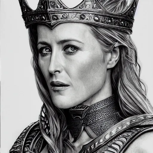 Image similar to hyper realistic pencil drawing of Gillian Anderson as a viking princess, intricate detail, beautiful, battle armor, war, fight, light, dragon, colorful