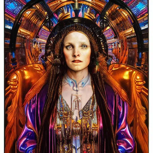 Image similar to renaissance portrait of an iridescent art deco machine priestess, reflective detailed textures, highly detailed fantasy science fiction painting by moebius, norman rockwell and william holman hunt. modern industrial shaman, rich colors, high contrast. artstation