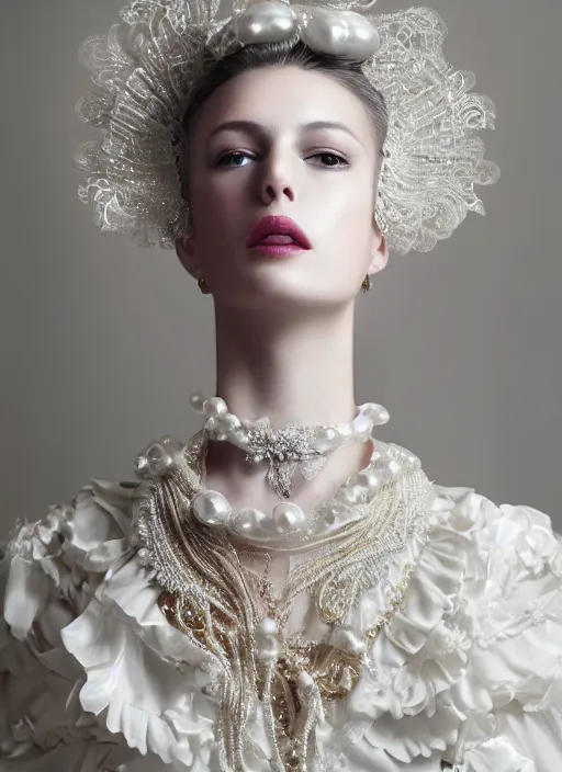 Prompt: high intricate porcelain baroque stunning woman portrait, lace collar, string of pearls, bird feathers, 8 k, glitter skin very white hyperrealistic hyperdetailed pastel, maria panfilova, andrea savchenko, sensual mike kime, ludovic plouffe, qi sheng luo, oliver cook, trending on artstation