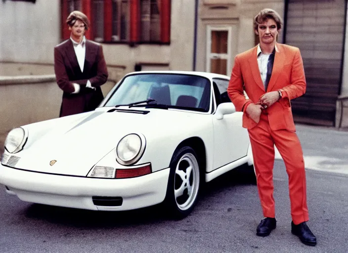 Image similar to color photo of a cool handsome photomodel with arms crossed leaning against a white porsche 9 1 1 in the 8 0's. girl beside him