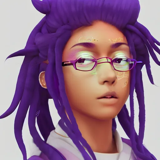 Prompt: detailed render of anthy himemiya as a college student, long wavy purple hair, indian girl with brown skin, cinema 4d, unreal engine, tokyo fashion, 4k, detailed character art, girly, concept art, portrait, japanese streetwear, dramatic pose, shoujo manga character design, character art, femme, urban, vibrant, highly detailed, photorealistic