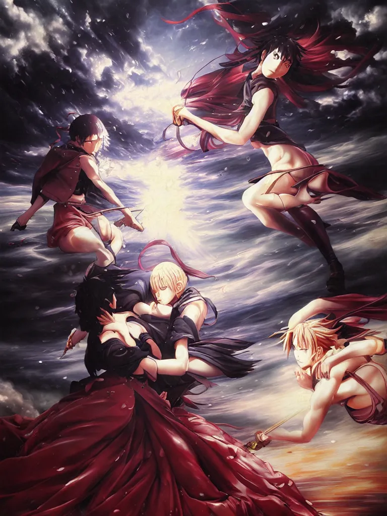 Image similar to baroque oil painting of key visual kunoichi fight, rain, brutalist fantasy, style of makoto shinkai takashi takeuchi yoshiyuki sadamoto, fate stay night