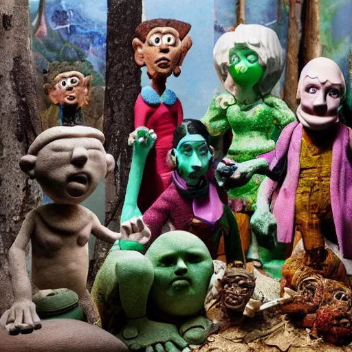 Image similar to a claymation film still of a collection of stone / animism / ethnographic museum / claymation by jeff koons