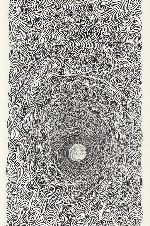 Image similar to infinity spiral negative space black linework on beige paper, illustration, intricate, highly detailed, art by Joe Fenton