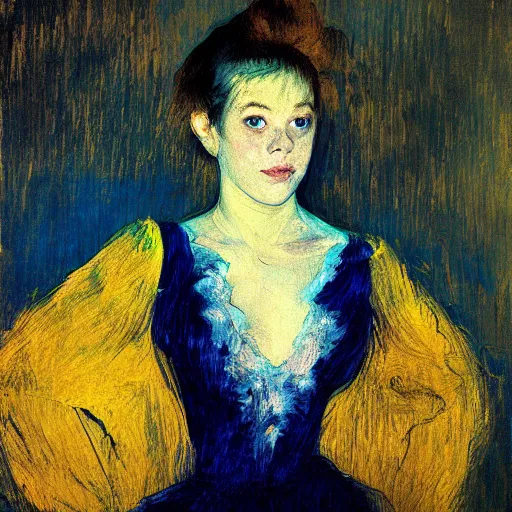 Prompt: palette knife oil painting portrait of a girl in a blue and gold room, film still by goya, by henri de toulouse - lautrec, extreme detail, liminal aesthetic, artgerm, deviant art, octane, substance, art history 8 k, art nouveau