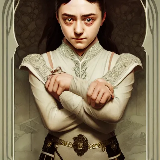 Image similar to portrait of an Arya Stark Hello Kitty hybrid, D&D, fantasy, intricate, elegant, highly detailed, digital painting, artstation, concept art, smooth, sharp focus, illustration, art by artgerm and greg rutkowski and alphonse mucha