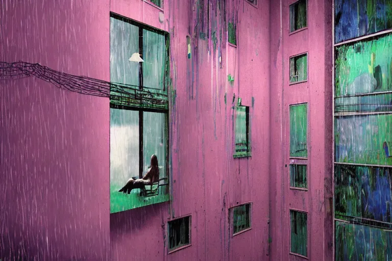 Prompt: abandoned 9 0 s apartment interior with circular organic windows, rain like a dream, oil painting, cinematic, surreal, overgrown, dramatic, soft volumetric lighting, cyberpunk, basquiat + moebius + francis bacon + gustav klimt + beeple, elevated street art, fantasy lut, textural, pink, blue, purple, green,