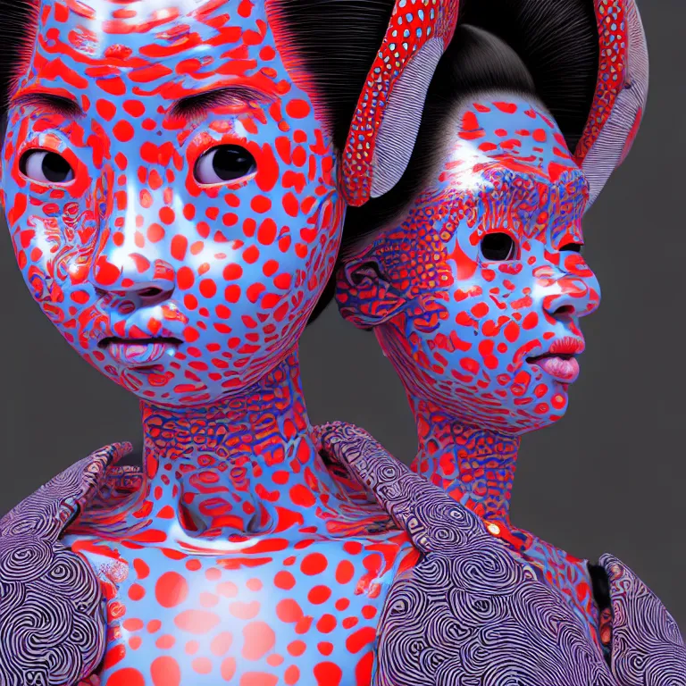 Image similar to hyperrealistic detailed image of a geisha in a art installation room, hd smooth interior by yayoi kusama, part by kei mieno, part by ross tran, dark art by james jean, ultra realistic, highly detailed, life like face, detailed body, 8 k, 3 d render by roger magrini, masterpiece