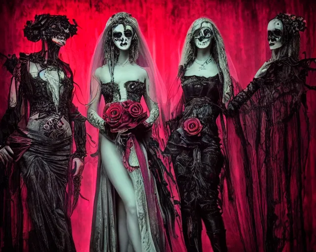 Image similar to three stunning otherworldly gothic goddesses of beauty wearing psychedelic wicca and skulls, in wedding dresses, red neon roses, full body, dark and mysterious, atmospheric, ominous, eerie, cinematic light, epic, 8 k 3 d, ultra detail, ultra realistic, by giger, by wlop