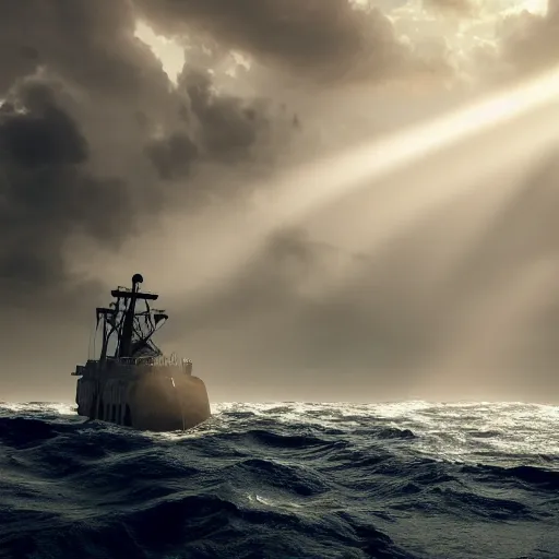 Prompt: a ship sinking in the ocean with poseidon watching, concept art, moody, god rays, atmospheric, 8 k render