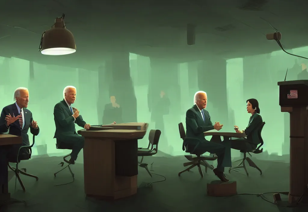 Image similar to joe biden in the democratic party headquarters, epic debates, presidental elections candidates, cnn, fox news, fantasy, by atey ghailan, by greg rutkowski, by greg tocchini, by james gilleard, by joe gb fenton, dynamic lighting, gradient light green, brown, blonde cream, salad and white colors in scheme, grunge aesthetic