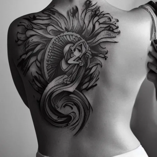 Prompt: tattoo of Scarlett Johansson, by Loish, back tattoo