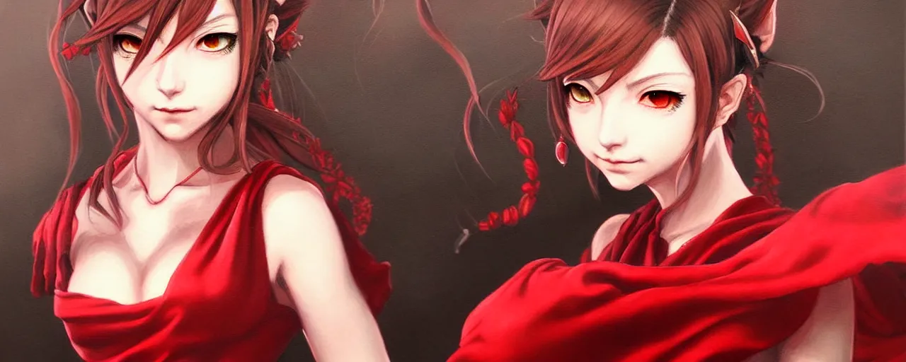 Image similar to a portrait of catgirl wearing red silk dress an ultrafine detailed painting, detailed painting, detailed eyes!!, final fantasy octopath traveler ghibly