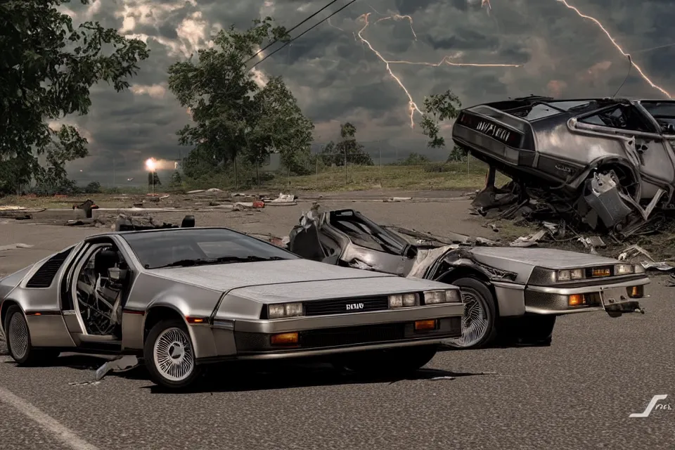 Image similar to ultra realistic delorean dmc 5 and toyta trueno ae 8 6 do parallel drift on road wreckage orbiting earth in space, dark cinematic, volumetric, realistic, 3 d render, realistic render, cinematic lighting, volumetric lighting, atmospheric, cinematic, unreal engine 5, unreal engine render, octane render, hd, photorealism, hyper realistic, 8 k