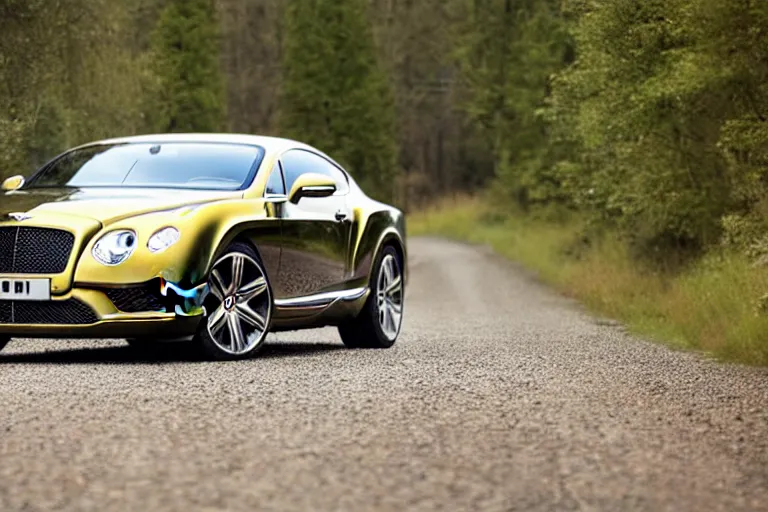 Image similar to Bentley Continental GT in shiny gold film drives along old Russian village road with houses around the edges