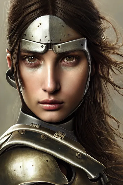 Image similar to a photorealistic painted portrait of an attractive young girl, partially clothed in dull metal-plated battle armor, olive skin, long dark hair, dirty skin, beautiful bone structure, symmetric facial features, perfect photorealistic eyes, natural physique, intricate, elegant, digital painting, concept art, finely detailed, beautifully illustrated, sharp focus, minimal artifacts, from Metal Gear, by Ruan Jia and Mandy Jurgens and Artgerm and William-Adolphe Bouguerea, in the style of Greg Rutkowski, trending on Artstation, award winning