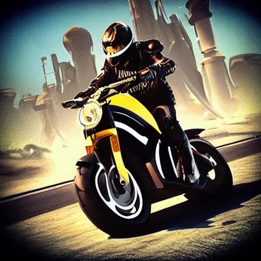 Image similar to “ tron legacy motorcycle race to the tower of babylon city ”